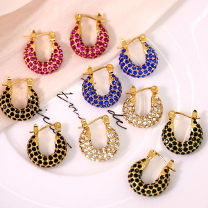 Stainless Steel Rhinestone Hoop Earrings French Style U-Shaped Colorful Small Hoop Earrings For Women Niche Fashion Jewelry