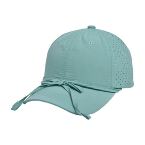 Detail view of quick-drying baseball cap featuring a bow ornament and breathable mesh holes