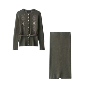Cardigan En Maille Losanges Et Jupe Midi Pour Femmes Avec Ceinture Manches Longues Col Rond Vêtements Décontractés