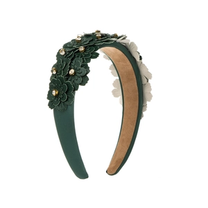 Baroque style green floral headband with multi-layer faux leather flowers and rhinestones