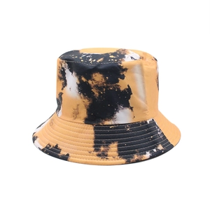 Tie-dye cotton bucket hat in khaki and black, stylish sun protection for street fashion
