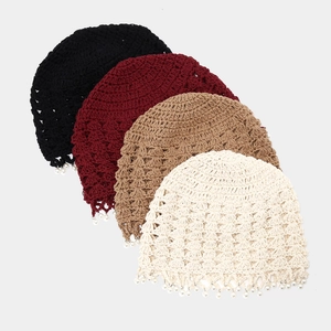 Crochet Beanie Hat Acrylic Hollow Breathable Slouchy Ethnic Style Artificial Pearl Pendants Retro For Women Handmade