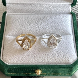 S925 sterling silver drop-shaped halo ring in gold and silver finishes with velvet box