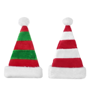 Kids' plush Christmas hats with red green and red white stripes and pom pom detail