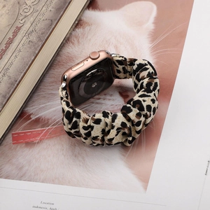 Detail of leopard print scrunchie watch band with high elasticity for smartwatch