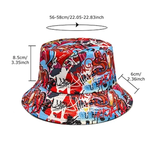 Graffiti printed breathable bucket hat with wide brim for sun protection, 56-58cm size