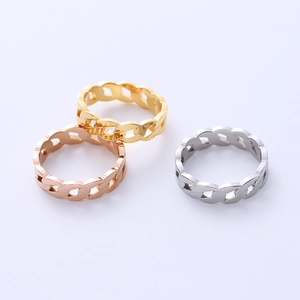 Minimalist chain link ring in gold, rose gold and silver finishes on white background