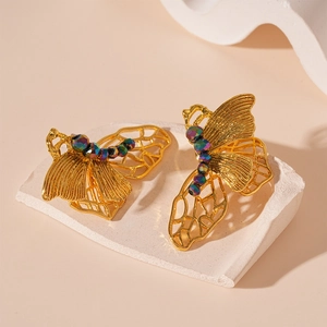 French vintage gold butterfly earrings with colorful crystals and hollow metal wings