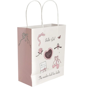 Pink ballet-themed kraft paper gift bag with bow and rose illustrations and handles