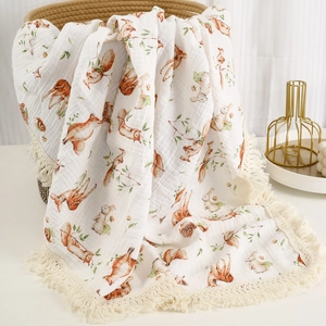 Baby Muslin Swaddle Blanket Pure Cotton Printed Tassel Fringe Stroller Cover Newborn Breathable Soft Wrap Nap Rug