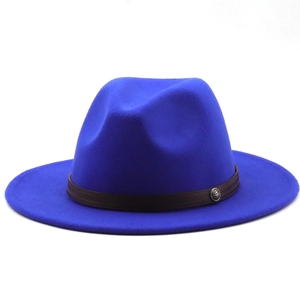 Detail of royal blue wool fedora hat featuring a brown leather band and metal buckle