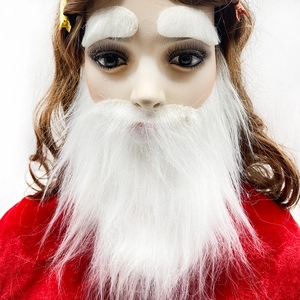 Close-up of realistic white Santa Claus beard and eyebrow set made of synthetic fiber