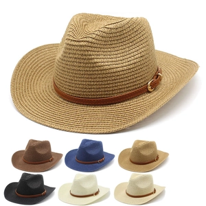 Chapeau De Paille Western Cowboy Large Bord Protection Solaire Été Plage Jazz Fedora Avec Bande En Similicuir Pour Femmes Hommes