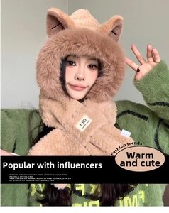 Detail of khaki faux fur cat ear hood scarf showing plush texture and cross-over design