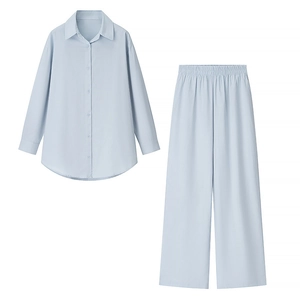 Women's light blue casual two-piece set with long sleeve shirt and elastic waist trousers