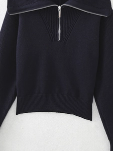 Detailed view of dark knit sweater featuring silver half-zip collar and ribbed texture