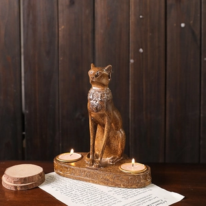 Creative Egyptian Bastet cat double candle holder with ancient wood finish and carvings