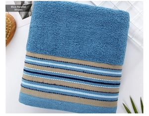 Detailed macro view of the parallel line blue striped cotton bath towel texture