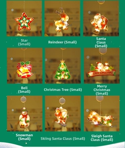 Detailed grid showing 9 small LED Christmas suction cup lights with festive holiday designs
