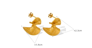 Detail view of gold fan-shaped stud earrings with hammered texture measuring 2.3cm by 1.9cm