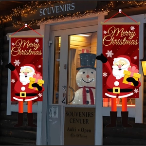 Set of 2 Merry Christmas banners with red cartoon Santa Claus and snow patterns
