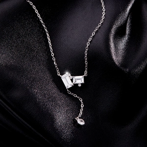 925 Sterling silver Y-shaped necklace with emerald cut crystals on black leather base