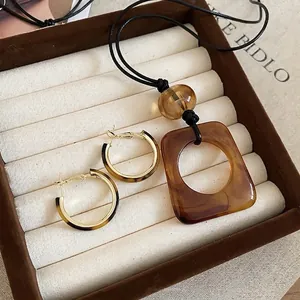 Leopard Print Tortoiseshell Resin Pendant Long Cord Necklace And C Shape Hoop Earrings Jewelry With 925 Sterling Silver Earring Post