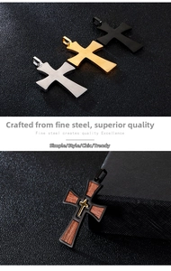 Macro detail of classic cross pendants in steel, gold, black, and inlaid wood textures