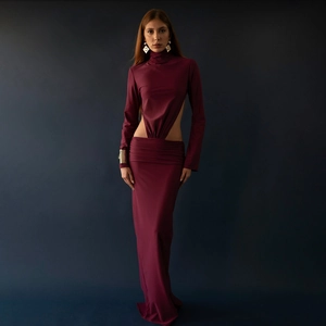 Elegant wine red bodycon maxi dress with waist cut-outs and a stylish high neckline