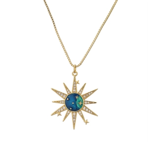 Gold starburst necklace with blue-green enamel and cubic zirconia on box chain