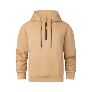 Men's khaki half-zip drawstring hoodie with a front kangaroo pocket and ribbed cuffs