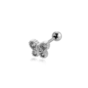 Macro shot of stainless steel butterfly stud earring with sparkling cubic zirconia stones