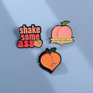 Three-piece set of peach enamel pins with cute anthropomorphic designs and catchy slogans
