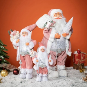 Pink Velvet Santa Claus Doll Ornament With White Mini Christmas Tree And Gift Bag Festive Home Table Decor