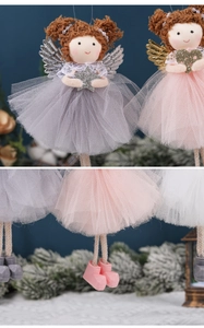 Detail of angel Christmas ornament featuring mesh skirt, sequins, and knit texture