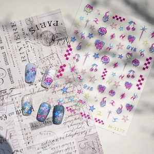 Y2K style nail art stickers with purple gradient stars and cherry patterns on vintage paper