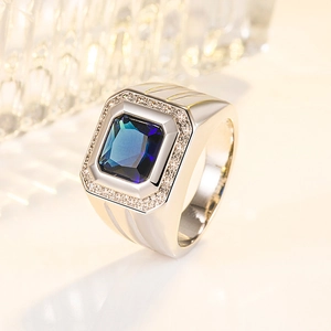 Mens vintage silver ring with square blue sapphire and pave zircon side stones