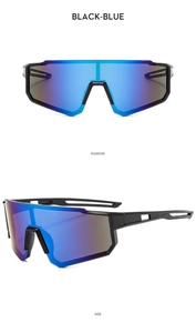 Detail view of black frame sports cycling sunglasses with blue mirrored shield lenses