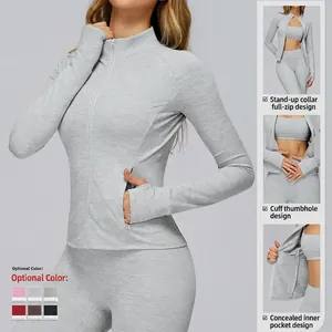 Women's quick-dry light grey zip-up sports jacket with thumb holes and matching yoga set