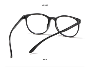 Detail view of large round black anti-blue light glasses from 45 degree side and back angles