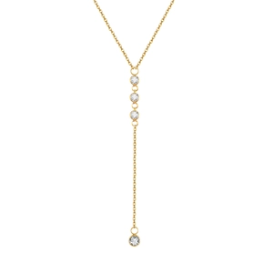 Golden Y-shaped stainless steel necklace with round cubic zirconia pendants and fringe detail