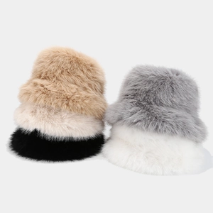 Winter fluffy faux fur bucket hats for women in khaki, beige, black, grey and white