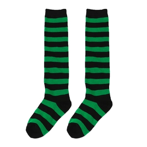 Close-up of green and black striped knit over-the-knee socks for kids and girls
