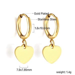 Gold plated stainless steel heart earrings with detailed size and weight dimensions