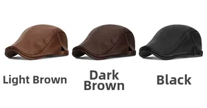 Trois couleurs de casquettes plates rétro en cuir PU avec texture litchi et boucles