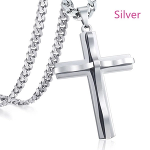 Collier en acier inoxydable argenté avec pendentif double croix et chaîne gourmette