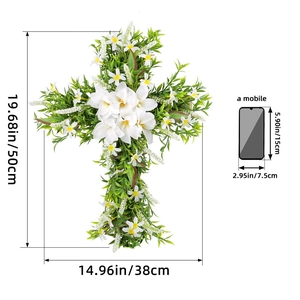 Cross wreath with white lilies and green leaves for Easter decoration, 19.68 inches height