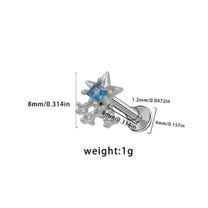Silver star stud earring with blue square gemstone and dimensions marked on white background