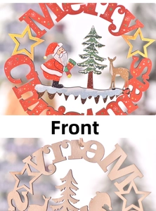 Detailed front and back view of a hollowed-out wooden Merry Christmas hanging tag