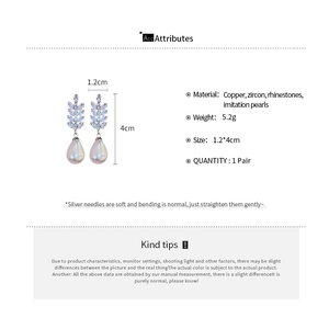 Detailed size chart and material specs for cubic zirconia wheat pearl drop earrings